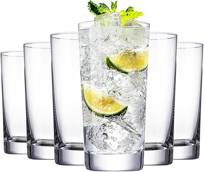 Drinking Glasses, 13.5oz Highball Glasses Drinking Set Of 6, Borosilicate Water Glass Cups, Clear Vintage Glassware for Juice, Mojito, Tom Collins & Mixed Cocktail Drinks