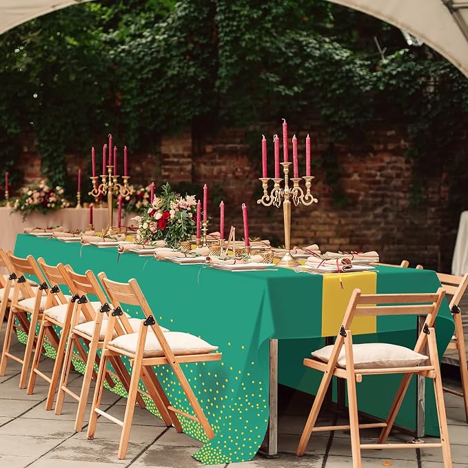 8Pack Disposable Plastic Party Tablecloths and Satin Table Runner Set Green and - Image 5