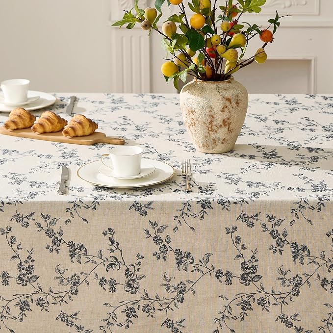 jinchan Black Farmhouse Floral Linen Rectangle Table Cloth 52 x 70 Inch | - Image 5