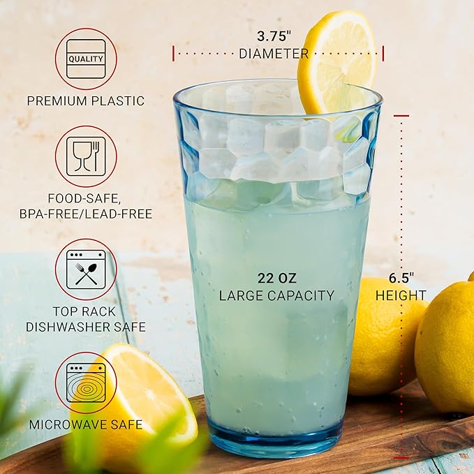 Hammered Plastic Drinking Tumbler, Dishwasher-Safe Premium Quality Water Glasses, BPA-Free Reusable Mixed Colors Assorted Stackable Cups, 22 oz Set of 12