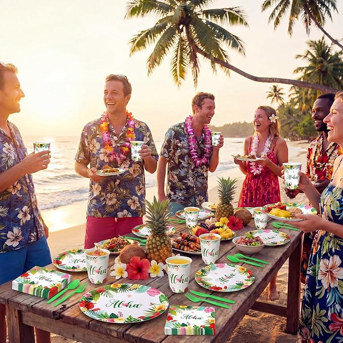 350 Pcs Summer Hawaiian Party Supplies Luau Oval Plates and Napkins Set Palm - Image 7
