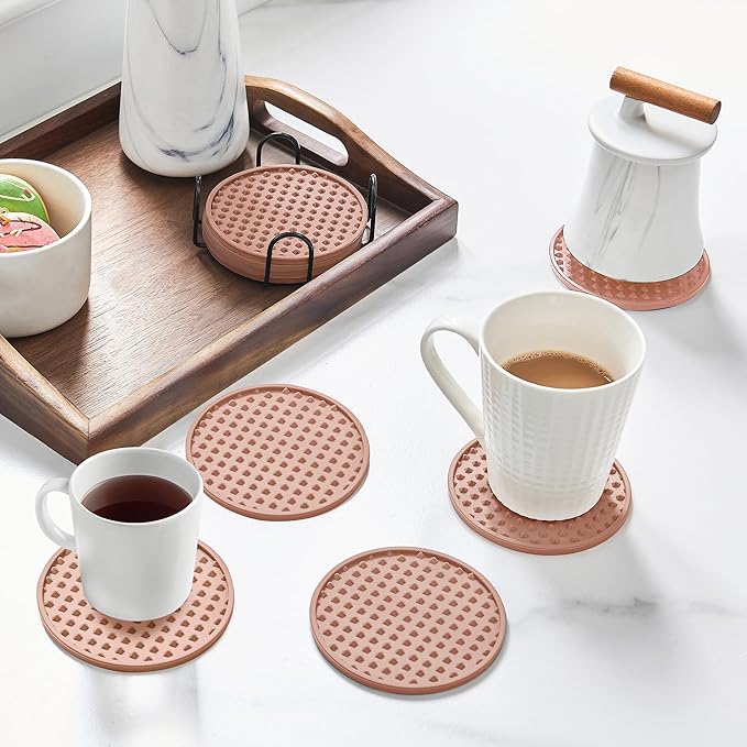Coasters for Drinks, Silicone Coasters Set of 6 with Metal Holder, Outdoor Coaster for Coffee Table, Non-Slip Rubber Table Cup Mat Desk, Heat Resistant & Scratch-Proof (Dusty Pink)