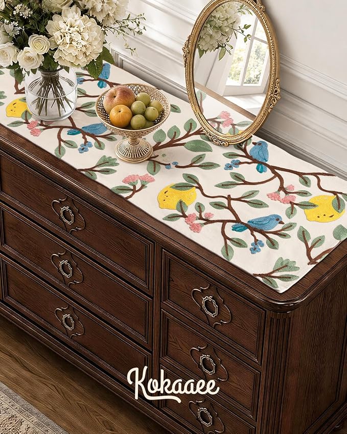 Canvas Embroidered Narrow 13"x 48" Table Runner, Lemon Bird | Exquisite - Image 5