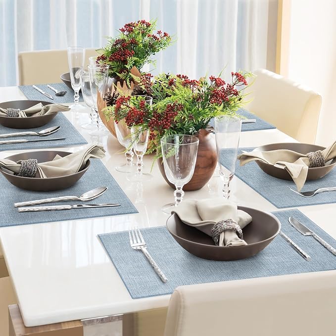 Faux Leather Placemats Set of 8 Washable PU Table mats for Kitchen Table - Heat Resistant, Waterproof, Easy Clean, Anti Slip 11.8" x 17" (Light Blue-8 Pack)