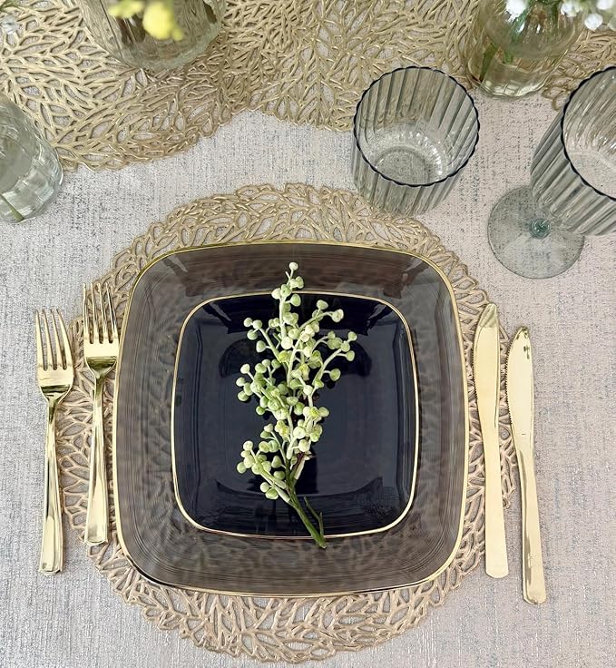 " OCCASIONS " 120 Pieces Pack,(60 Guests) Premium Wedding Party Disposable Plastic Plates Set -60 x 10'' Dinner + 60 x 7'' Salad/Dessert (Belize Square in Smoke Gray & Gold)