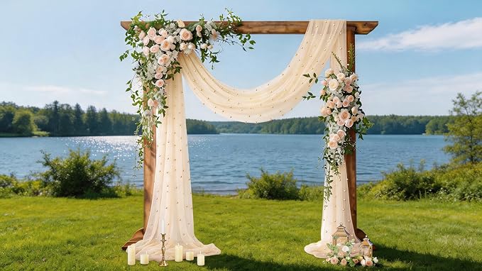 Pearl Table Runner Gauze Sheer 19FT Wedding Draping Fabric Decor | Beige Summer - Image 3