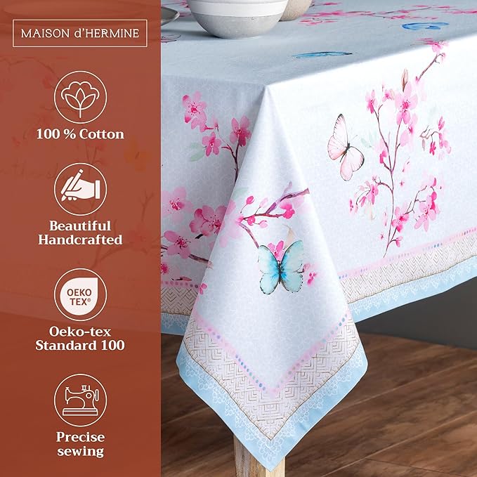 Maison d' Hermine Table Cloth Square Table 100% Cotton 60 x 60 Inches Tablecloth Reusable Decorative for Dining Room Farmhouse Home Valentines Day Decorations Spring Summer - Blossoms in Spring
