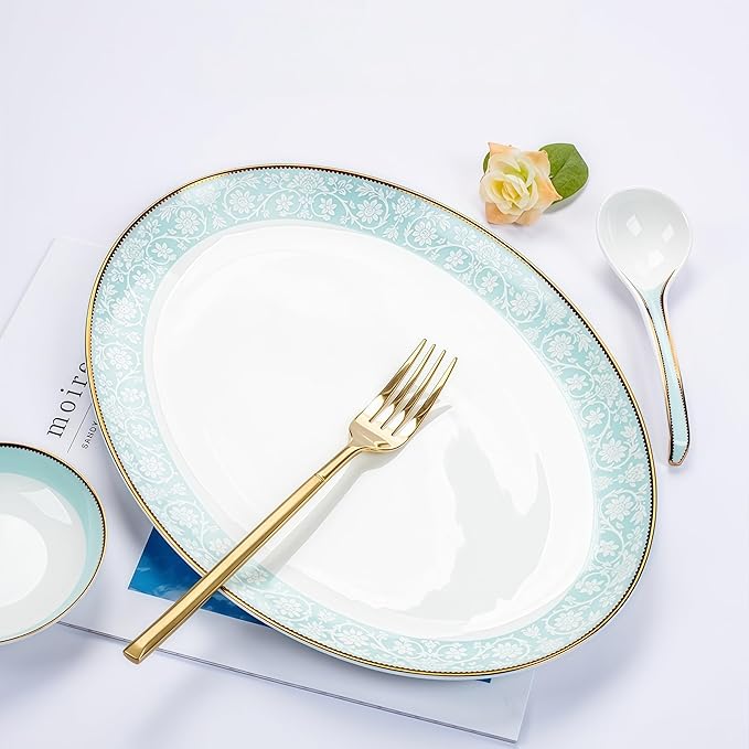 Fine Bone China Dinnerware Set,Porcelain&Ceramic Dinnerware Sets,Bone Stoneware & Ceramic Cookware Tableware Set Includes Dinner Plates|Spoons|Pasta Bowls|Soup Pot|Chopsticks (42PCS * 8-Person Set)