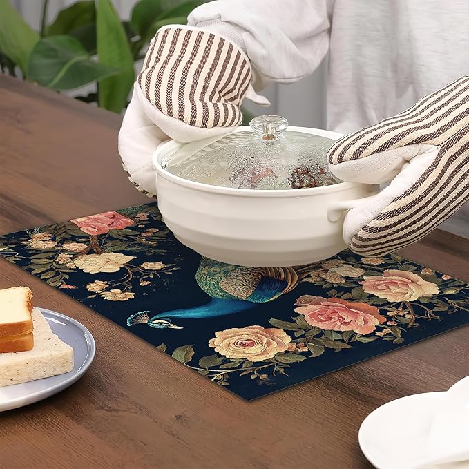 Peacock Placemats Set of 6,Floral Waterproof Non-Slip Washable Table Mats for Kitchen Dining Holiday Party Wedding Decor 12x18 Inch
