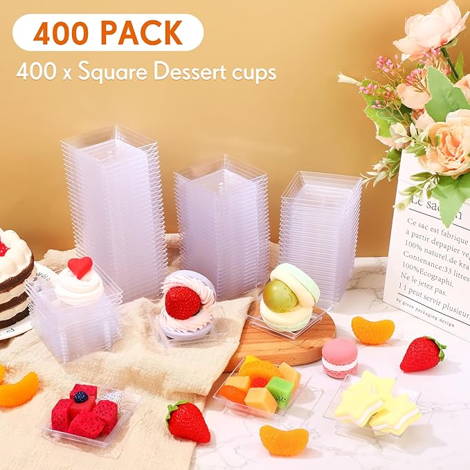 400 Pieces Mini Square Dessert Plates 2.5 x 2.5 Inch Disposable Appetizer Plates Small Clear Plastic Dish for Dessert Salad Appetizer Sauces Tastings Cake Wedding Party Serving (Clear)