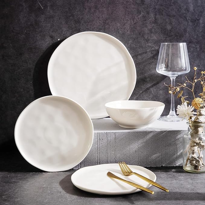 LERATIO Ceramic Dinnerware Sets for 4,Porcelain Plates and Bowls Sets with Wavy Edge,Microwave & Dishwasher & Oven Safe,Light Weight & Scratch Resistant Dishes Sets
