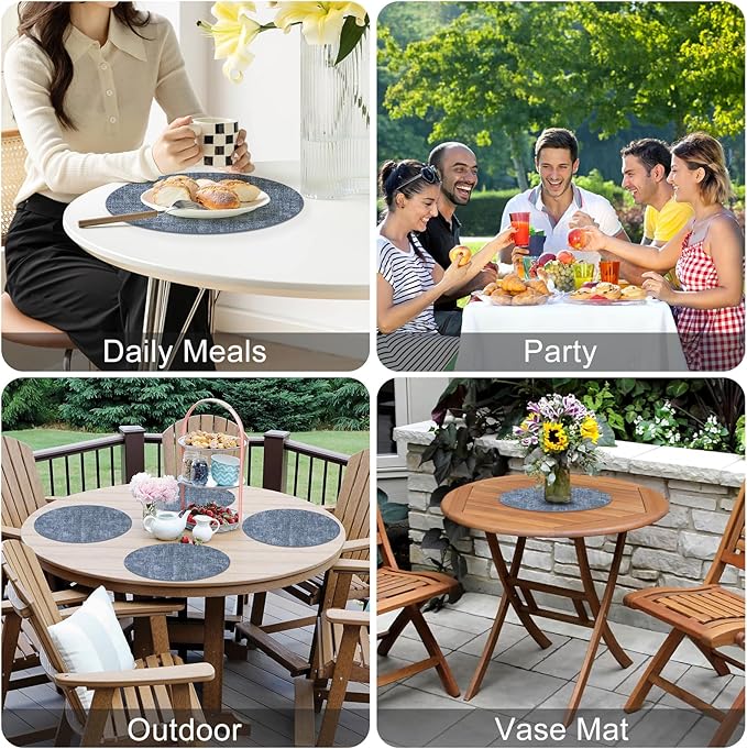 Homaxy Round Faux Leather Placemats and Coasters, Washable Dual-Side Table Mats, Wipeable Heat-Resistant Dining Place Mats for Outdoor and Indoor, Set of 8, Diameter 13 and 3.93 inch, Blue