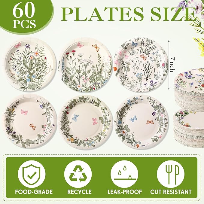 60 Pcs 7 Inch Vintage Wildflower Paper Plates Retro Flower Plant Herb Decorations Tableware Butterfly Dinnerware Decoration for Spring Summer Garden Home Picnic Decoration Supplies