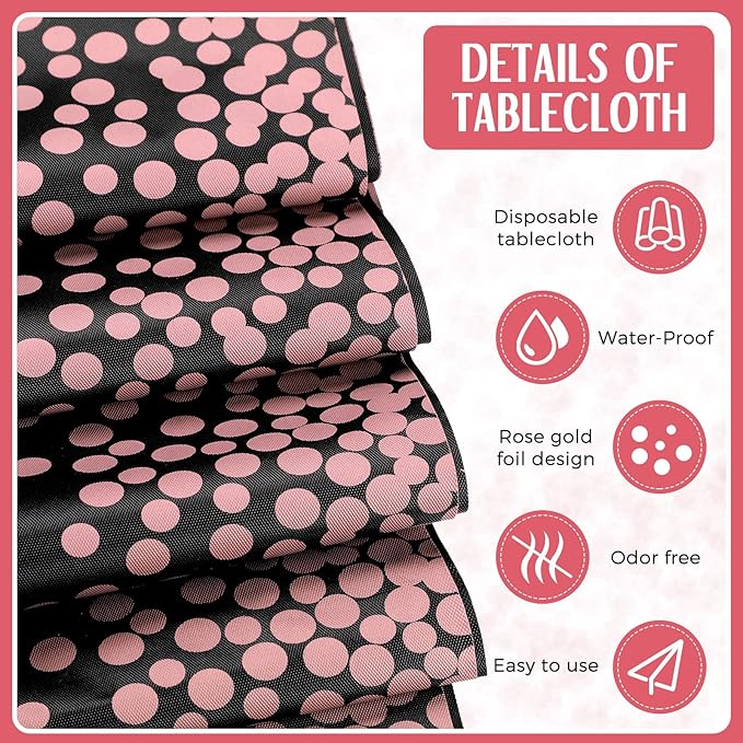 Breling 8 Pack Black and Rose Gold Disposable Plastic Tablecloths and Satin Table Runner Set, 54 x 108 Inch Tablecloth, 12 x 108 Inch Table Runners for Wedding Graduation Birthday Baby Shower New Year