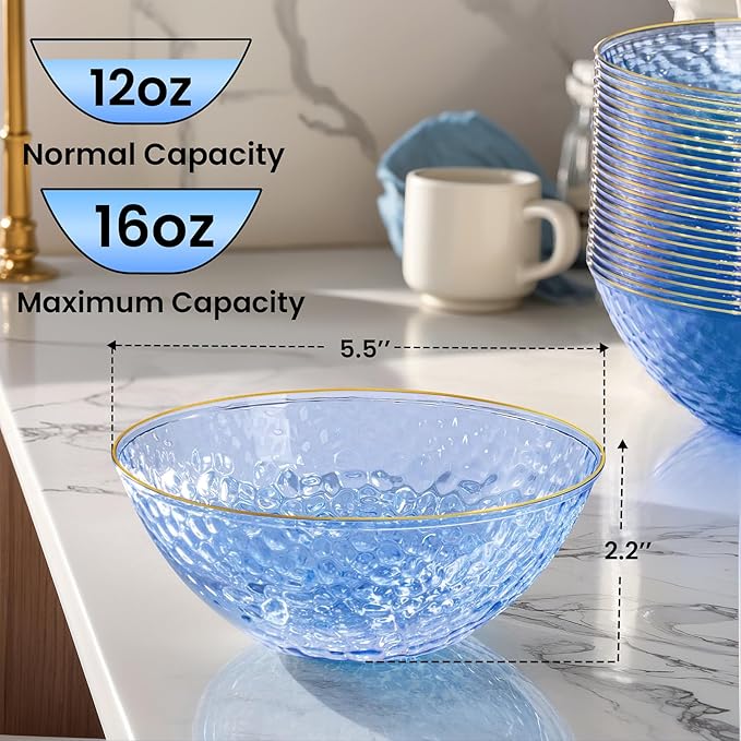 Rubtlamp 20 Pack Clear Blue Disposable Bowls, Blue Plastic Bowls with Gold Rim, 12-16oz Premium Heavy Duty Plastic Dinner Bowls for Party, Wedding and Holiday