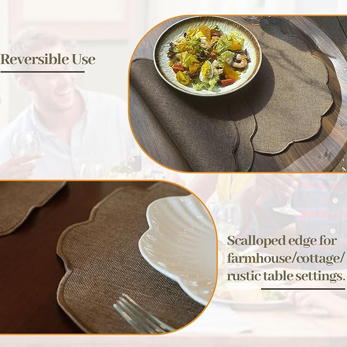 AHHFSMEI Round Faux Linen Placemats Set of 6 Waterproof Table Mats Heat Resistant Non-Slip and Stain Proof for Kitchen Dining Elegant Decor (Brown,6)