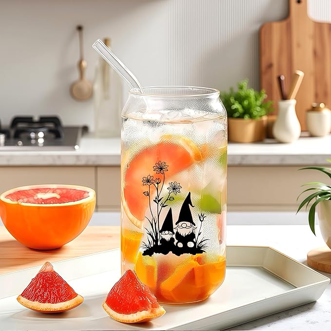 Cute Gnomes Glass Cup With Lids And Straws, Gnomes Gift For Women, Iced, Coffee, Smoothie, Cocktail, Beer, Whiskey, Soda, Matcha,16 Oz, Home Office Table Desk Decoration!