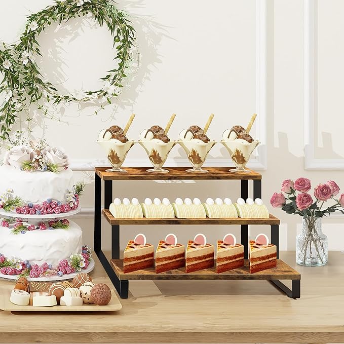 ELITEROO Wooden Display Riser Stand, 3 Tier Display Risers, Tiered Cabinet Organizer, Widened Display Rack Shelf Kitchen Counter Shelf for Makeup Perfume Figure Dolls Collection Condiment Candles