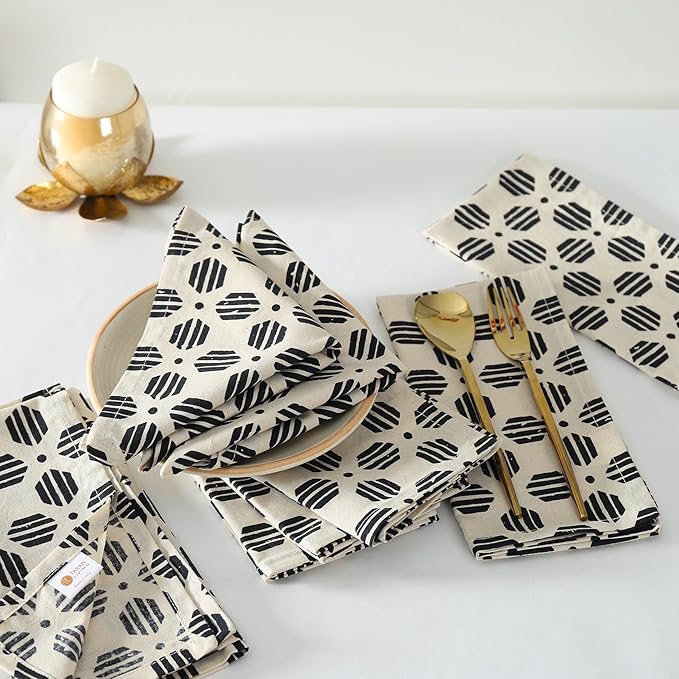 Taran Geometric Beige Print Cotton Dinner Napkins Set of 12 | 18x18 Inches | 100% Natural, Reusable Linens for Dinner, Events, Weddings