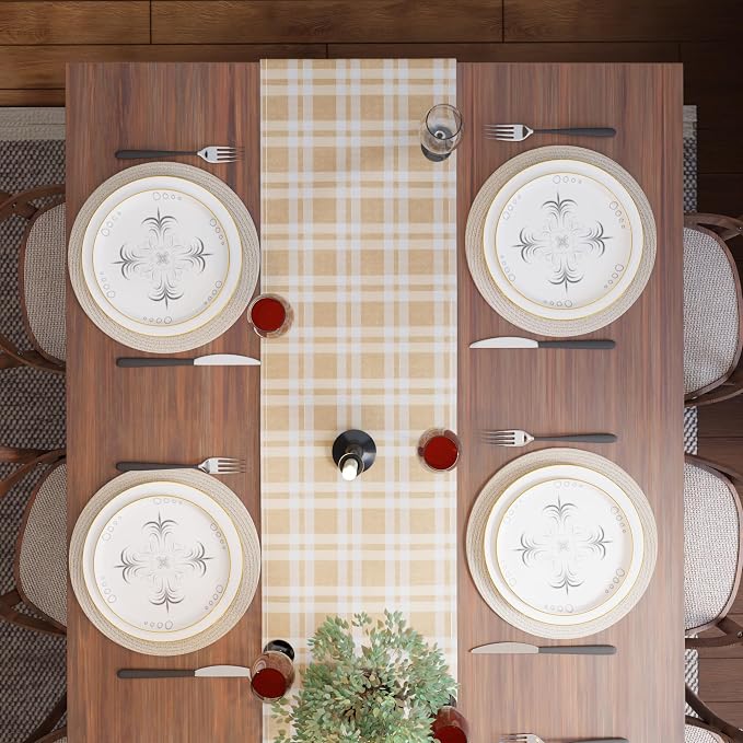 Encasa XO Table Runner, Woven Cotton Dining Runner 13"x59" Franca Beige Checks - Image 6