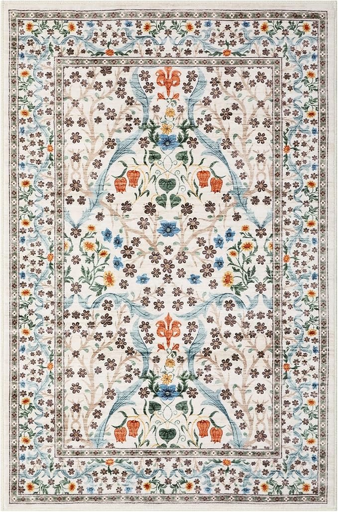 GarveeHome Floral Entryway Rug, 2x3 Washable Front Door Entry Throw Rugs Indoor, Non Slip Bathroom Small Rugs, Boho Thin Rug for Kitchen, Soft Carpet Mat for Bedroom Bathroom, Beige