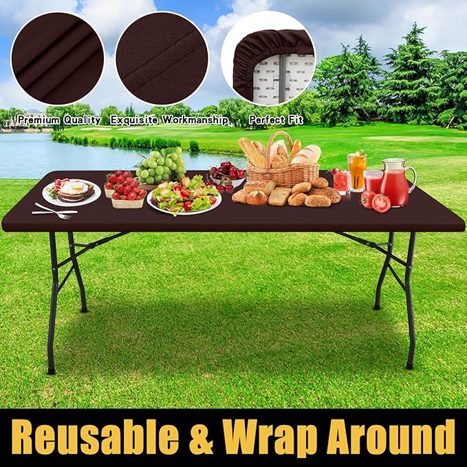 Smiry Rectangle Picnic Table Cloth, Waterproof Elastic Fitted Tablecloths for 6 Foot Tables, Washable Polyester Table Cover for Camping, Indoor and Outdoor (Coffee, 30"x72")