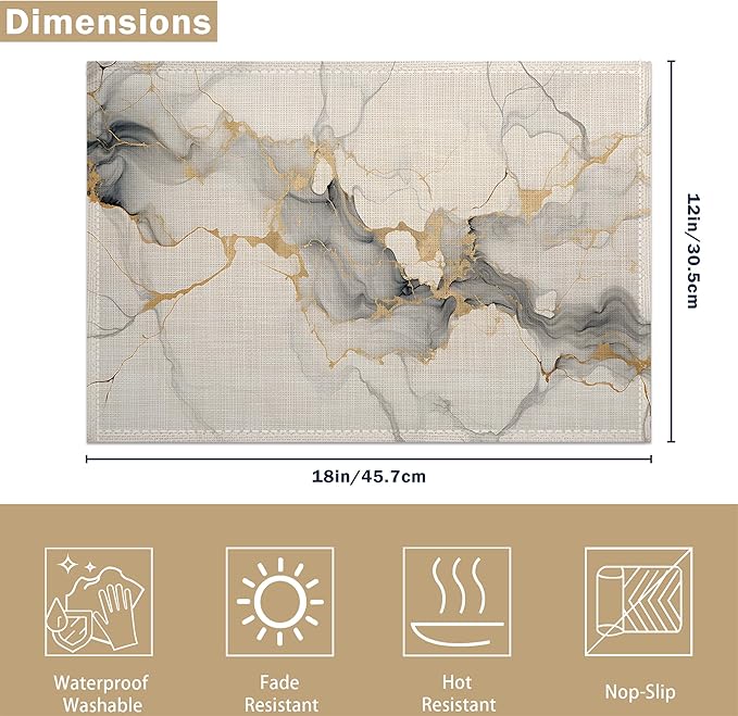 Placemats Set of 6 Abstract White Marble Texture Place Mats Washable Kitchen Dining Linen Table Mats Stain Heat, for Home Party Indoor 12x18 in