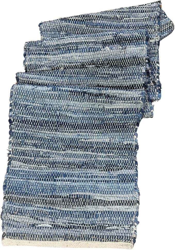 Perilla Home Chindi Table Runner Boho with Tassels 72 Inches Long Denim - Braided Rustic Farmhouse Fall Kitchen Dining Table Decoration for Party Wedding (Blue)
