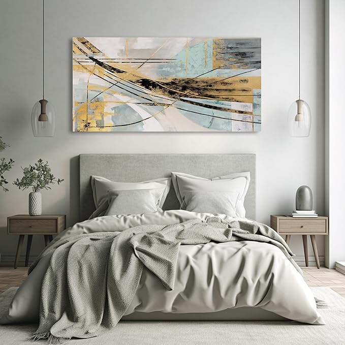 Abstract Wall Art Framed Wall Decor Modern Canvas Abstract Wall Art Black-Gold and Blue Grey Abstract Artwork for Living Room Bedroom Dining Room Home Office Decor 24"x48"