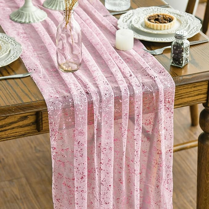 Artoid Mode Pink Gold Gauze Table Runner 120 Inch 10FT, Glitter Metallic Foil Sheer Dining Wedding Anniversary Holiday Table Decor for Home Party