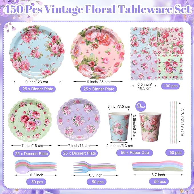 450 Pcs Vintage Floral Tableware Set Decorations, Serves 50 | Tea Party Floral - Image 2