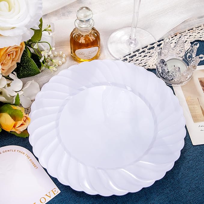 U-QE 60 Pieces White Plastic Plates - 9 Inch White Disposable Plates - Washable & Reusable - Premium Hard Plates - Party Supplies for Birthdays, Celebrations, Travel, Wedding, Party and Events