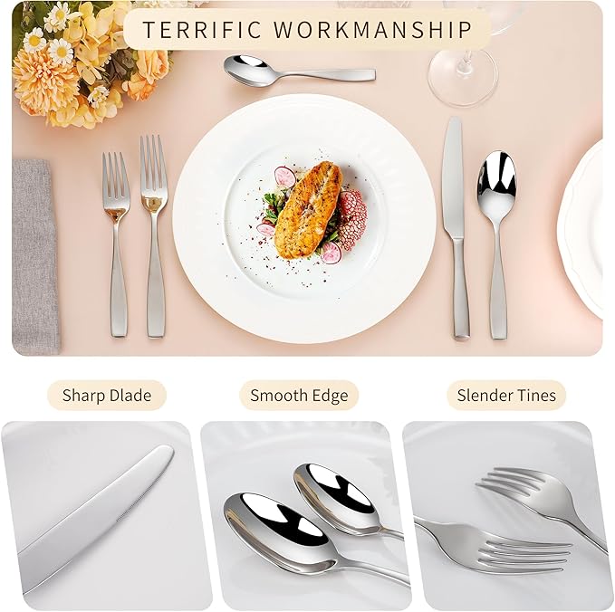 40-Piece 18/10 Heavy Flatware Set for 8, Thick Handle Forged Stainless Steel Silverware, Dishwasher Safe, Ideal for New Home Essentials Gift