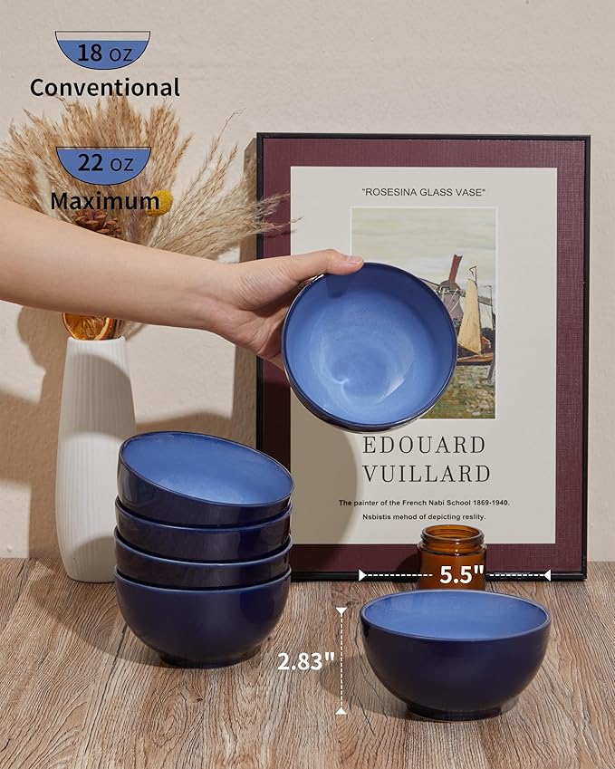 22 Oz Ceramic Cereal Bowls, 5.5 Inch Microwave & Dishwasher Safe Lead-free Soup Bowls Light Blue Bowls for Kitchen for Pasta Oatmeal Salad Dessert