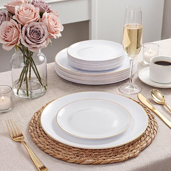 KIRE 200PCS Gold Plastic Plates - Disposable Plates for Party - White Plastic Plates with Gold Rim Include 100 for Dinner and 100 for Dessert/Salad in Wedding/Valentine's Day/New Year