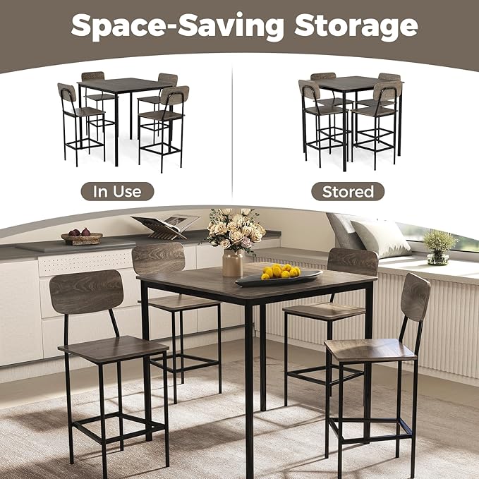 COSTWAY Dining Table Set for 4, 5-Piece Square Kitchen Nook Dinette Set with 4 Bar Stools with Footrest, Backrest, Space-Saving Design, Industrial Kitchen Table and Chairs for Apartment, Grey