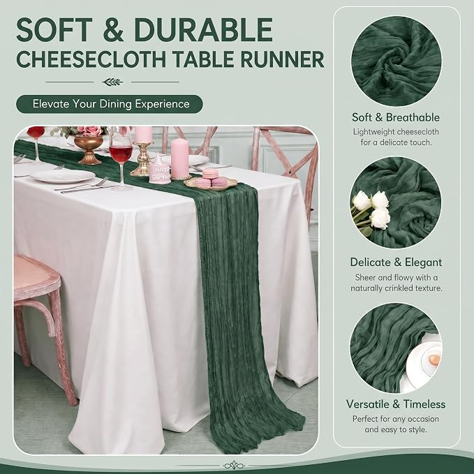 2 Pack Emerald Green Cheesecloth Table Runner 17x108 Inch Boho Rustic Semi - Image 4