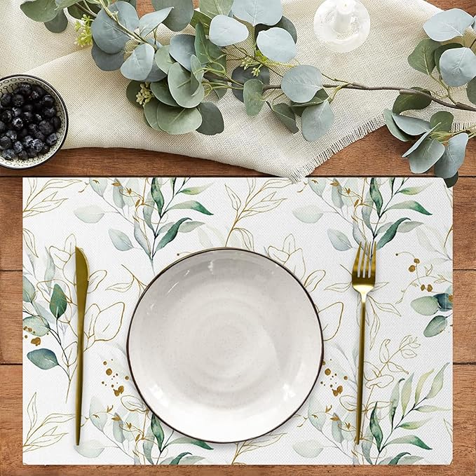 Leaves Printed Placemats Set of 4 Watercolor Sage Green Gold Branch Place Mats Washable Rectangular Spring Table Mats for Party Home Kitchen Restaurant Dining Table Decor 12x18 Inch