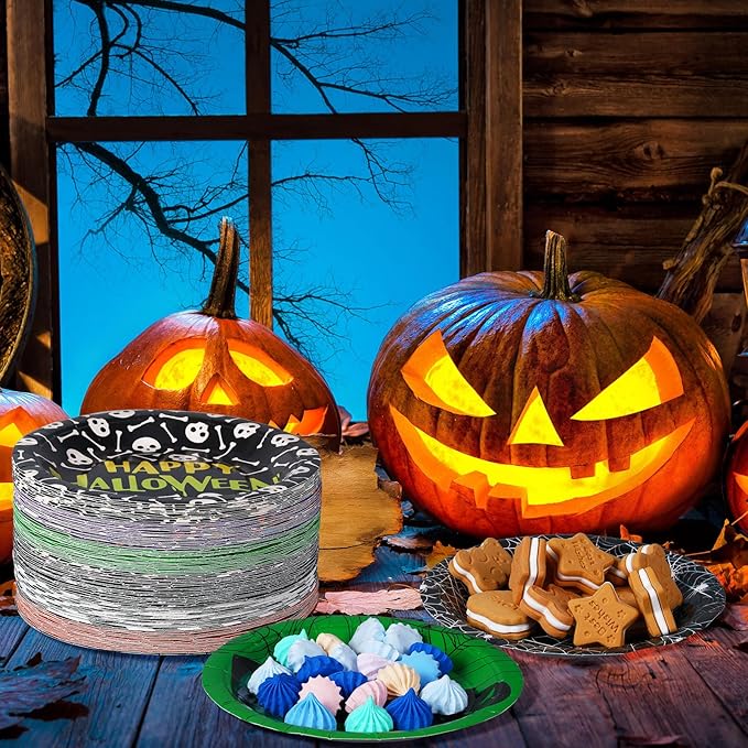 Umigy 120 Pcs Halloween Paper Plates 7 Inch Spider Web Party Plates, Pumpkin Spooky Disposable Tableware Supplies for Appetizer, Lunch, Dinner, Dessert