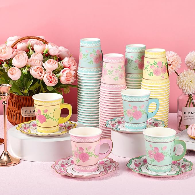 FillTouch 48 Sets Floral Paper Tea Cups and Saucers Disposable Paper Tea Party - Image 2