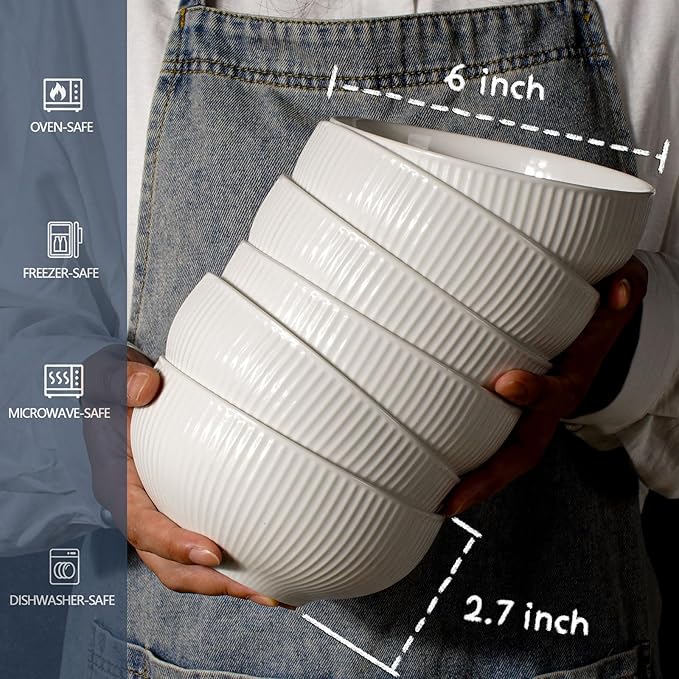 Artena Cereal Bowls 26 OZ, Ceramic Soup Bowls For Kitchen, Embossment Bowls For Rice Pasta Salad, White Bowls For Breakfast Lunch Dinner, 6 Inch, Set Of 6, Dishwasher & Microwave Safe, Stripe