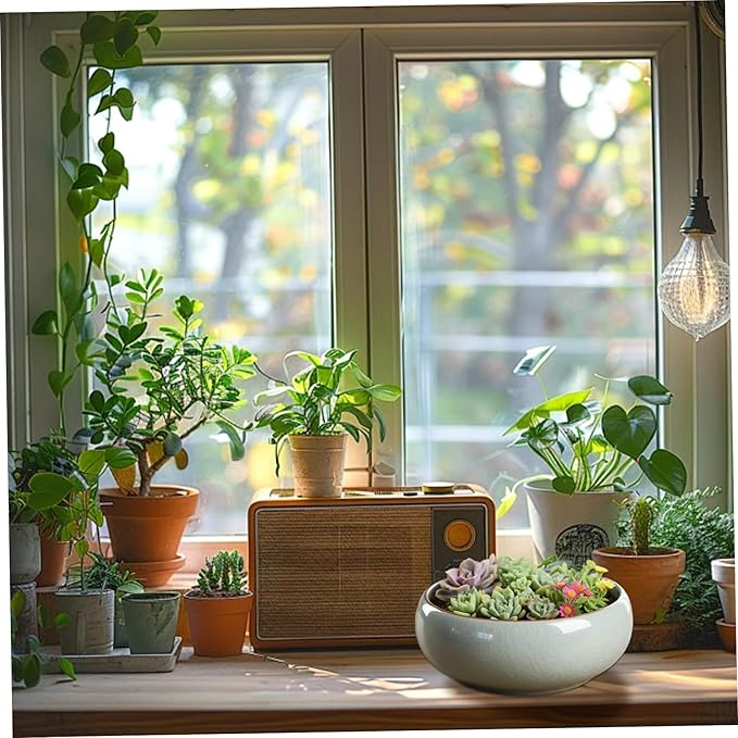 Decorative Bowls 6 inch Ceramic Lotus Bowl Planter with Flat Base Glazed Shallow Planter for Home Office Tabletop Decor