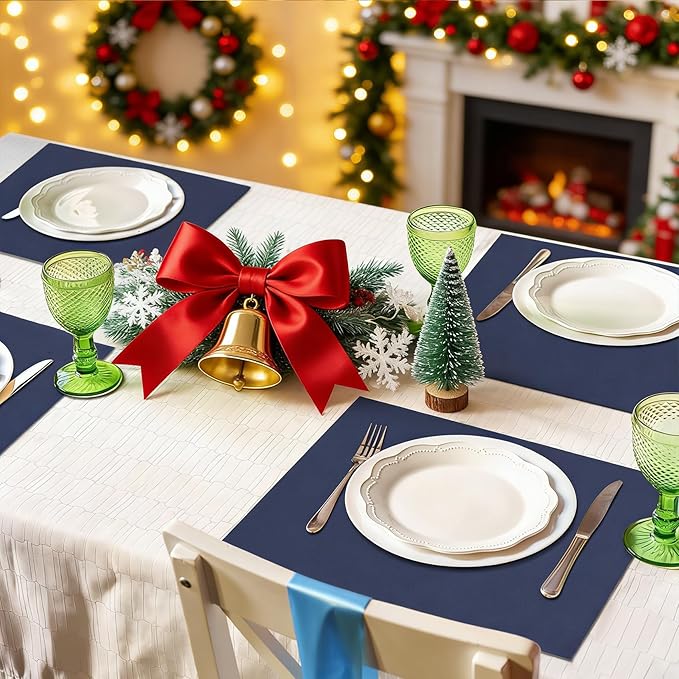 MANSPHIL Navy Blue Cloth Placemats Set of 6 Double Layer Thick Fabric Table Mats Faux Linen Place Mats Heat Resistant Washable Wrinkle Free Dining Kitchen Table Decor, 13x19 Inch Oeko Tex Placemat