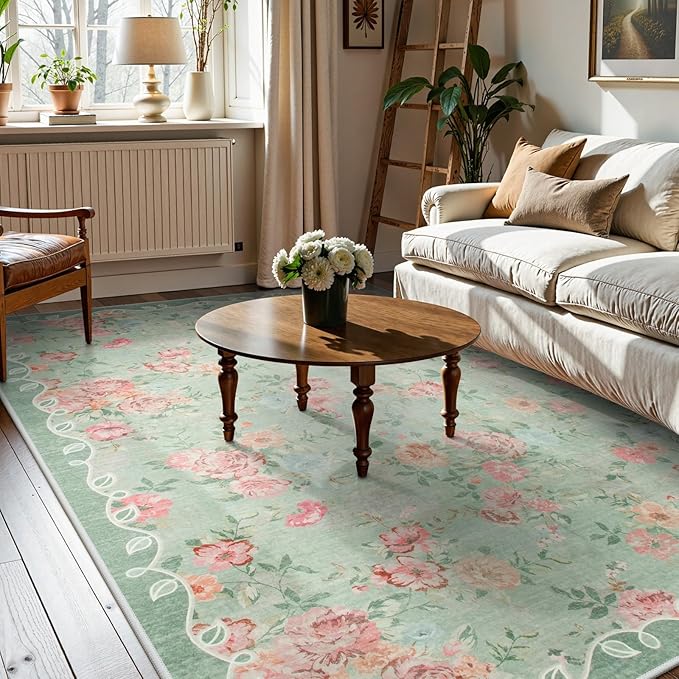 Lahome Floral Living Room Rugs 6x9 Area Rugs, Vintage Green Rugs for Bedroom,Low Pile Ultra-Thin Carpet for Farmhouse Dining Room Kids Playroom(6'X9',Green)