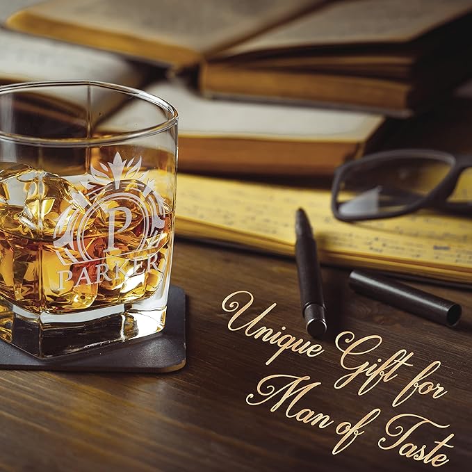 Customization Mill Set of 2, Monogrammed Whiskey Rocks Glasses w/ Name & Initial - Gifts for Men 9 Designs Personalized Bourbon Custom Birthday Dad, Old Fashioned Scotch