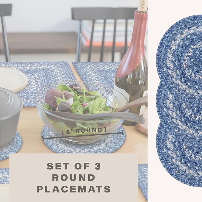 Homespice Denim Jute Braided Trivets for Table, Country Coastal Decor, Set of 3, Blue 8" Round Heat Resistant Mat - Rich Colors, Easy to Clean, Durable and Protects Furniture