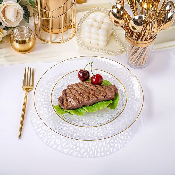 Rubtlamp 150Pcs Plastic Plates, Heavy Duty Clear Plates With Gold Rim, Hammered Gold Dinnerware Set Include 30 Dinner Plate, 30 Dessert Plate, 90 Plastic Silverware