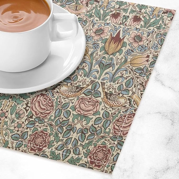 William Morris Placemat Set, Beige Blue Pink Vintage Rustic Art Exotic Ethnic Floral Bird Seamless Pattern Home Decor Linen Table Mats for Dining Room Kitchen Party (17x12in) x6P