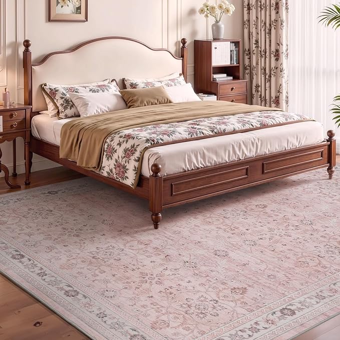 MontVoo-Vintage Area Rug 9X12 Pink Rugs for Living Room-Soft Distressed Printed Rugs for Bedroom-Non Slip Carpet-Machine Washable Rug for Dining Room Living Room Bedside Office