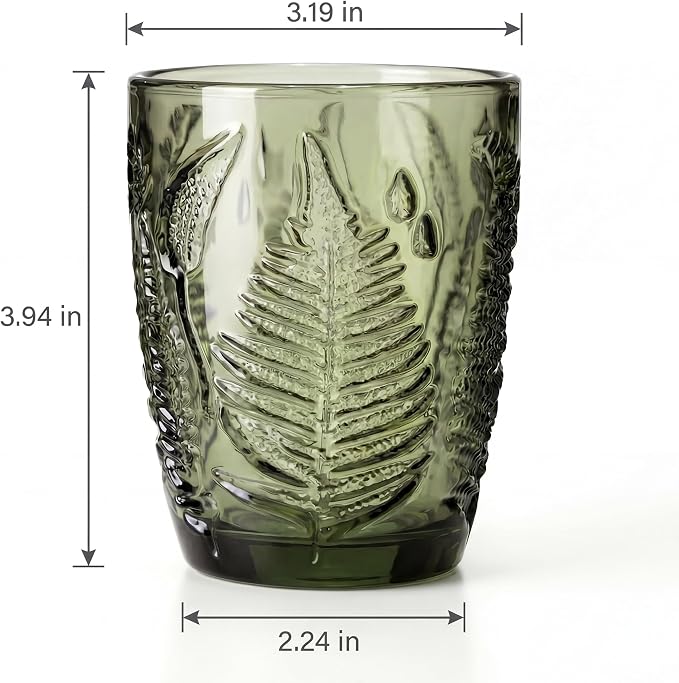 Green Drinking Glasses Set of 4, 10 oz Glass Cups, Vintage Fern Glassware | - Image 8